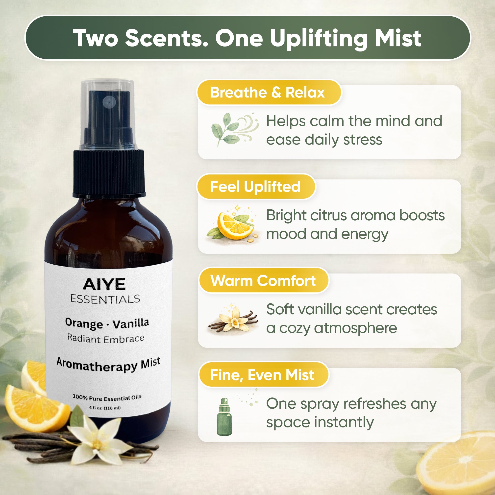 Orange & Vanilla Room, Linen & Fabric Spray Pure Essential Oil Blend 2 Fl oz (60 ml)
