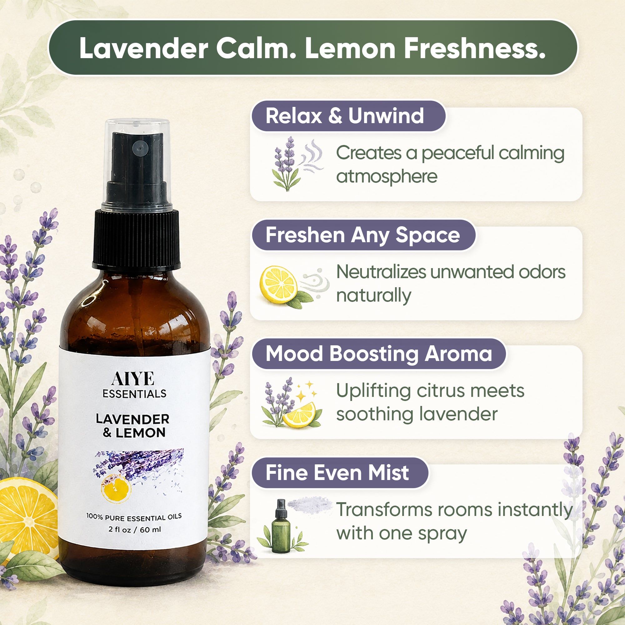 Lavender Lemon Room, Linen & Fabric Spray Calming Essential Oil Blend 2 Fl oz (60 ml)