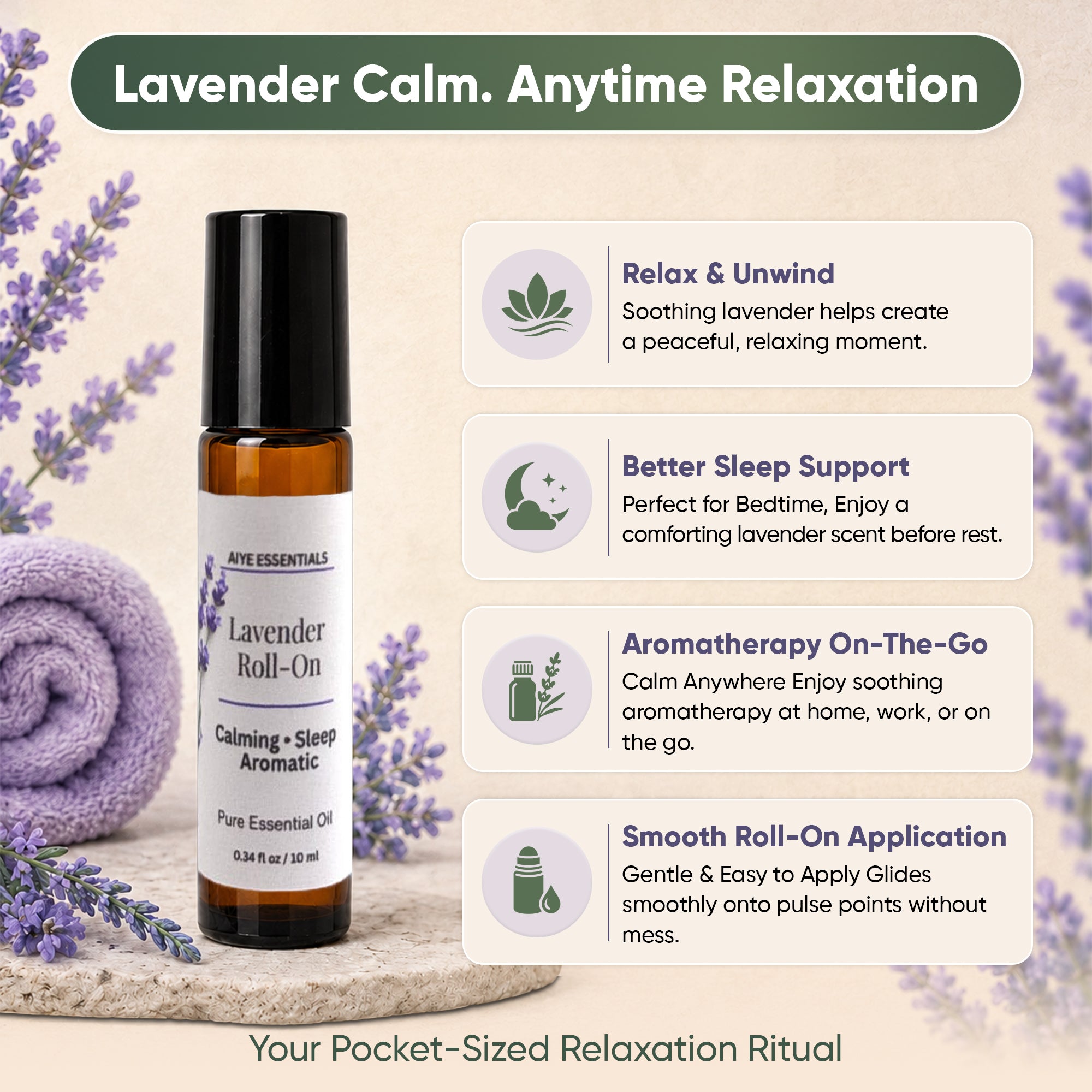 Lavender Essential Oil Roll-On, Calm & Relaxation Support 0.34 oz