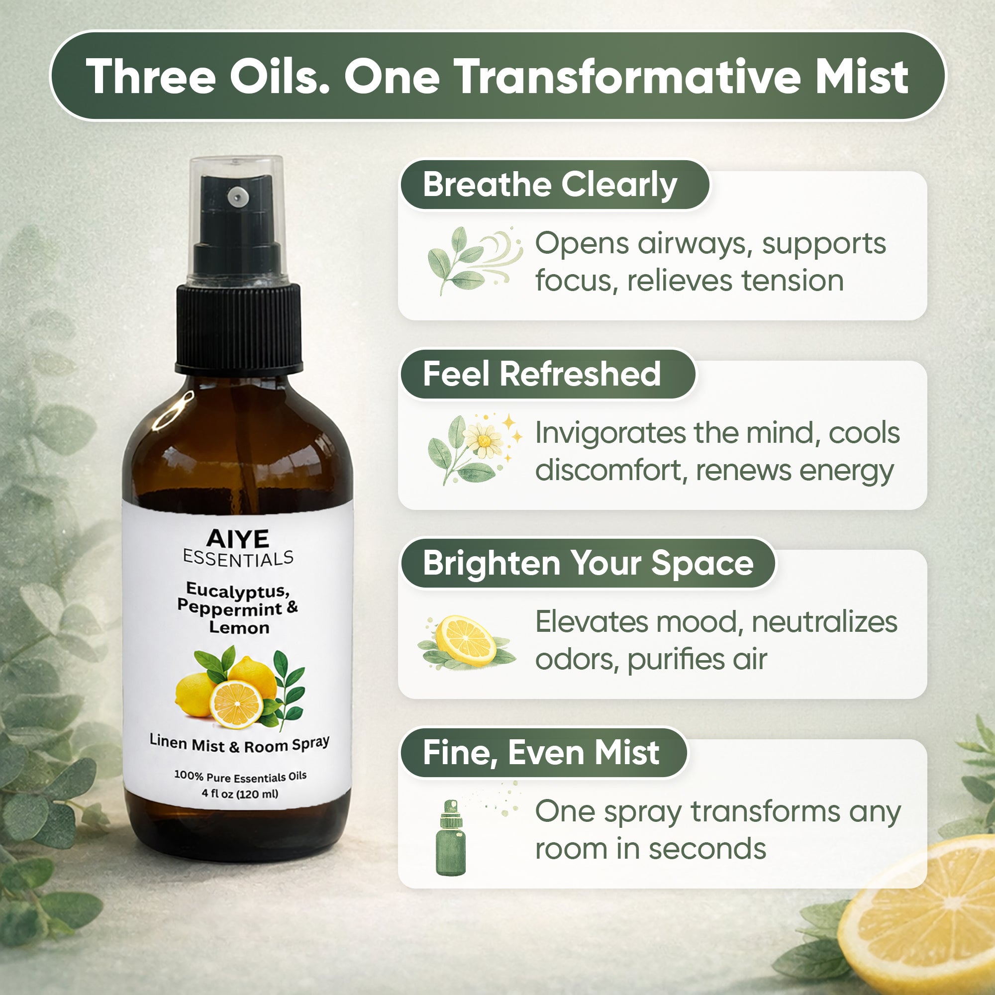 Eucalyptus, Peppermint & Lemon Room, Linen & Fabric Spray Essential Oil Blend 4 Fl oz (120 ml)