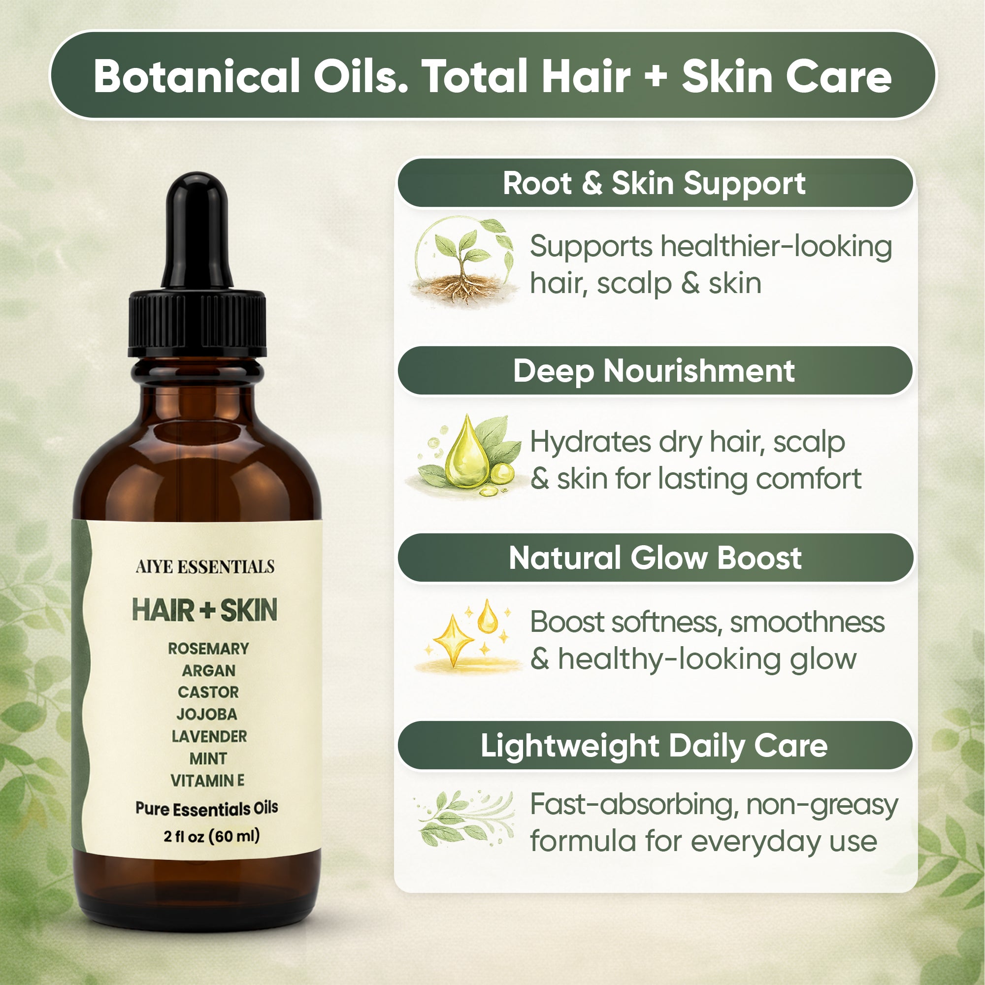 Rosemary Peppermint Lavender Hair, Argan Jojoba Castor Vitamin E Nourish Shine Elixir, 2 OZ