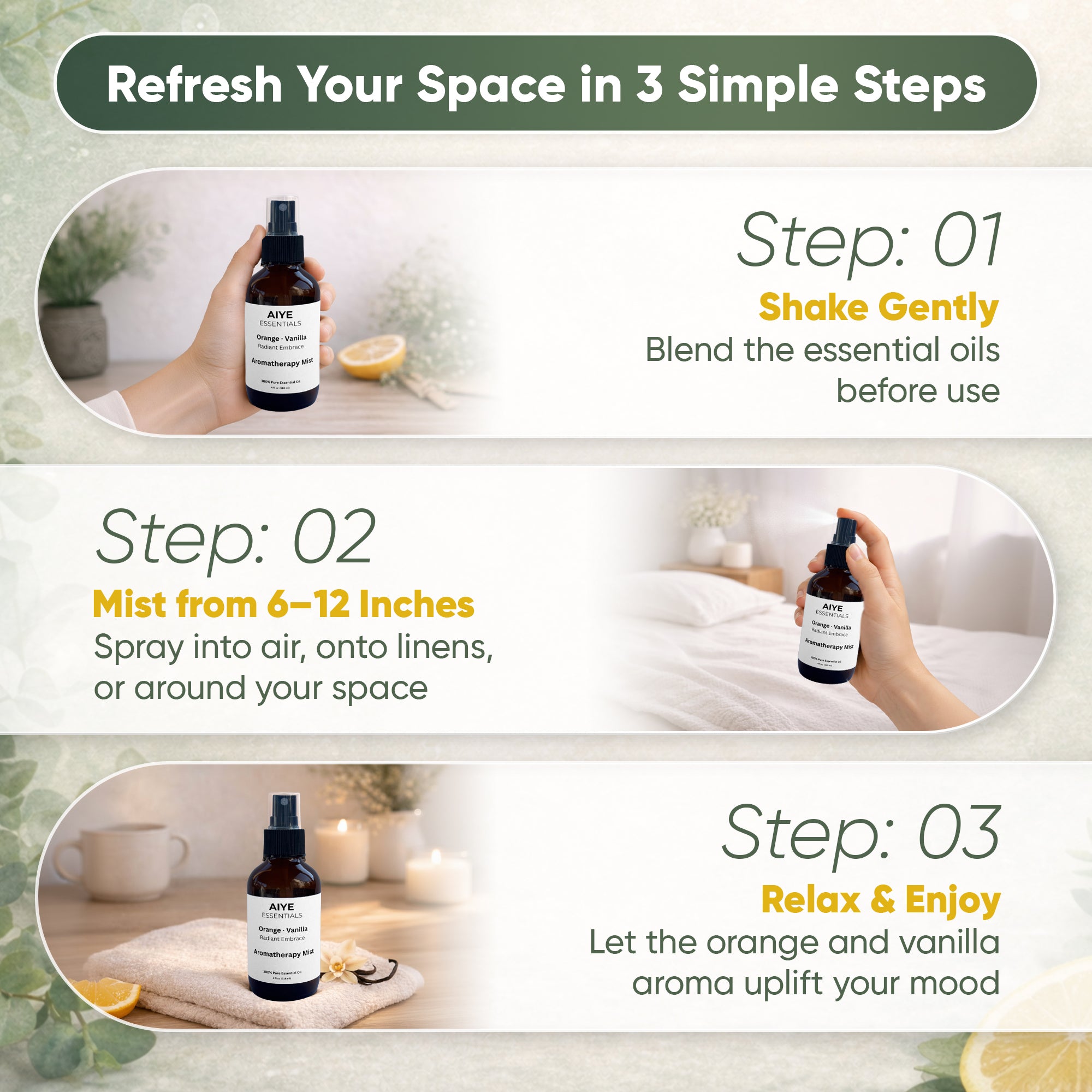 Orange & Vanilla Room, Linen & Fabric Spray Pure Essential Oil Blend 2 Fl oz (60 ml)