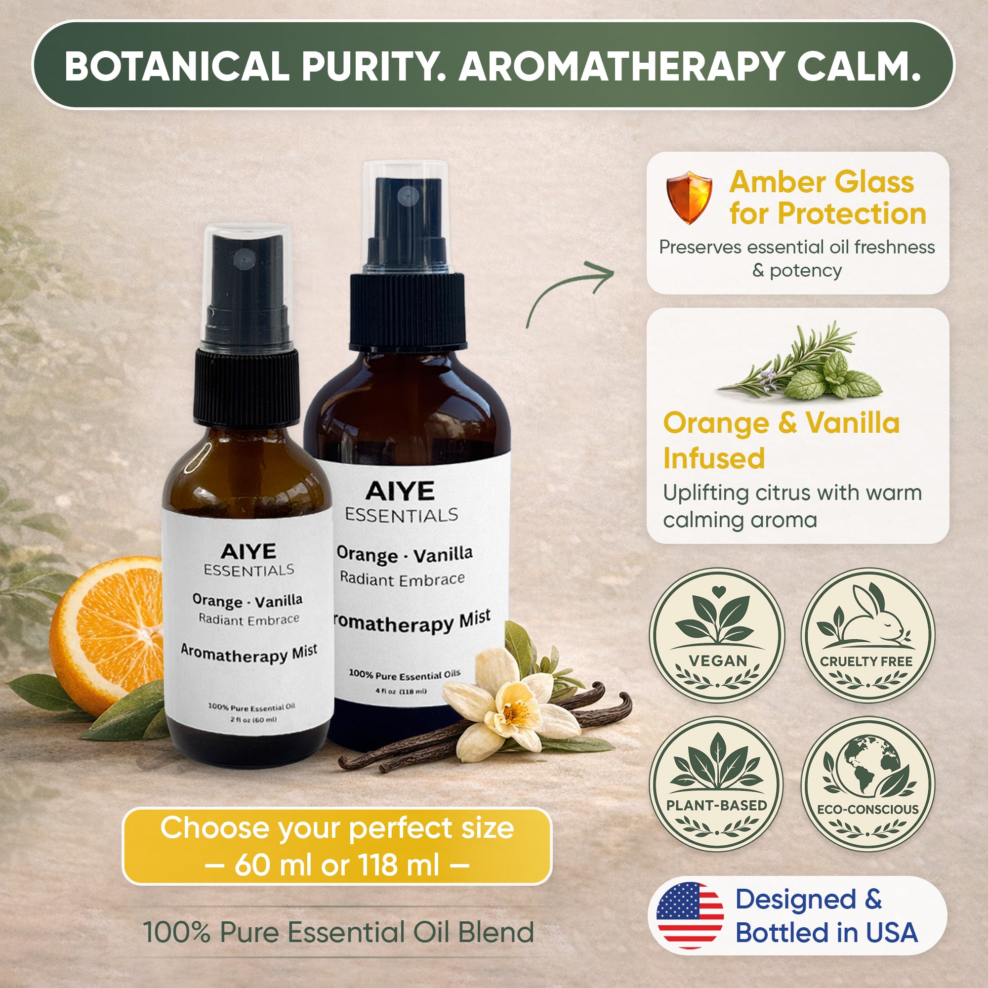 Orange & Vanilla Room, Linen & Fabric Spray Pure Essential Oil Blend 2 Fl oz (60 ml)