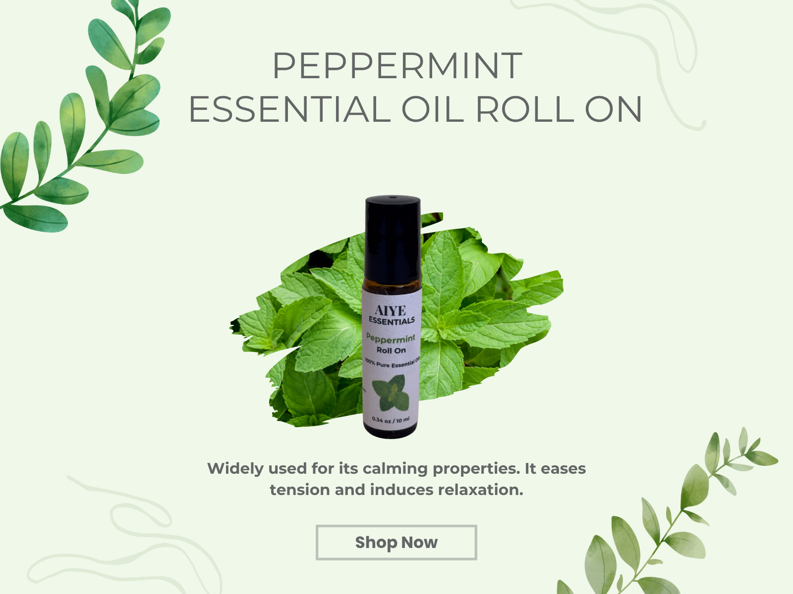 Peppermint Essential Oil Roll-On, Alertness and Mental Clarity, 0.34 oz (10 ml)